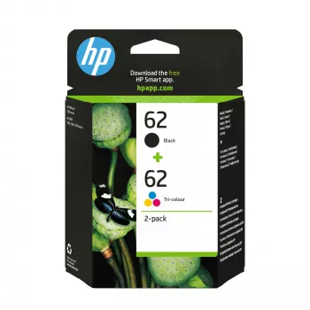 HP 62 2 vnt. juodos/trispalvės originalios rašalo kasetės, juoda, žydra, magenta, geltona, pigmentinis rašalas, 2 vnt., 200 puslapių