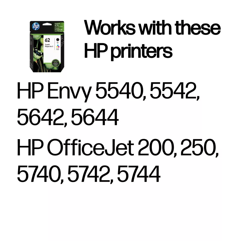 HP 62 2 vnt. juodos/trispalvės originalios rašalo kasetės, juoda, žydra, magenta, geltona, pigmentinis rašalas, 2 vnt., 200 puslapių