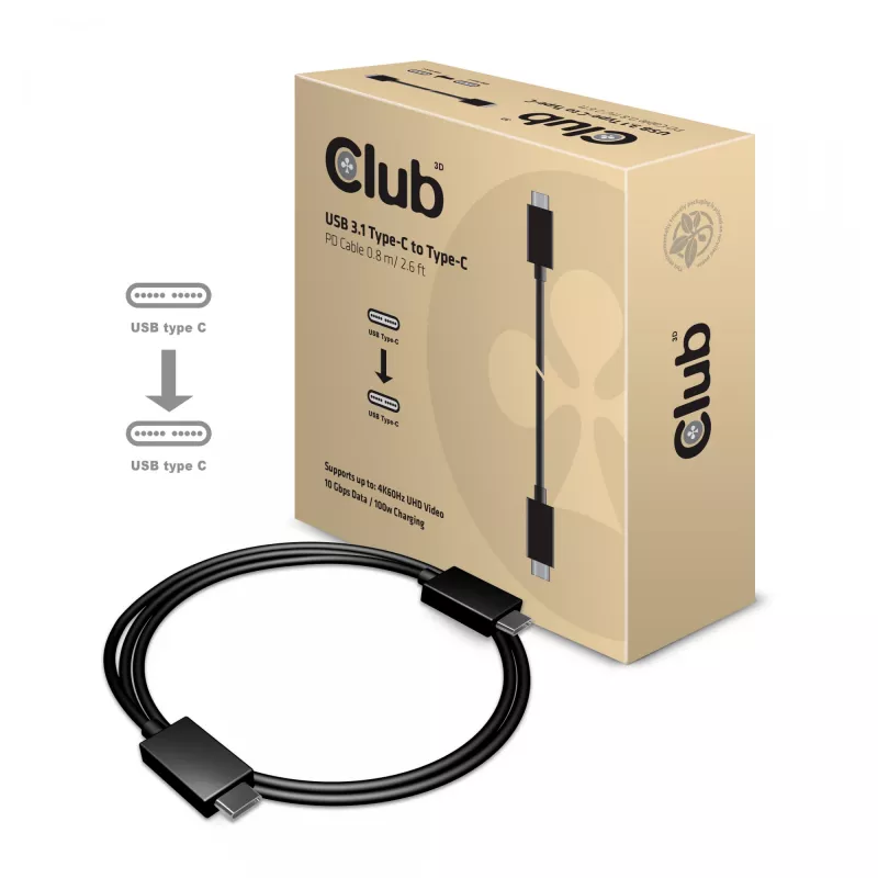 CLUB3D USB Gen2 Type C vaizdo 4K60Hz, duomenų 10Gbps ir 100W įkrovimo 1 metras M/F