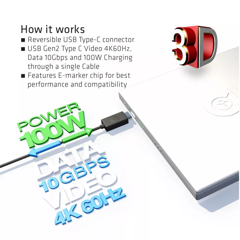 CLUB3D USB Gen2 Type C vaizdo 4K60Hz, duomenų 10Gbps ir 100W įkrovimo 1 metras M/F