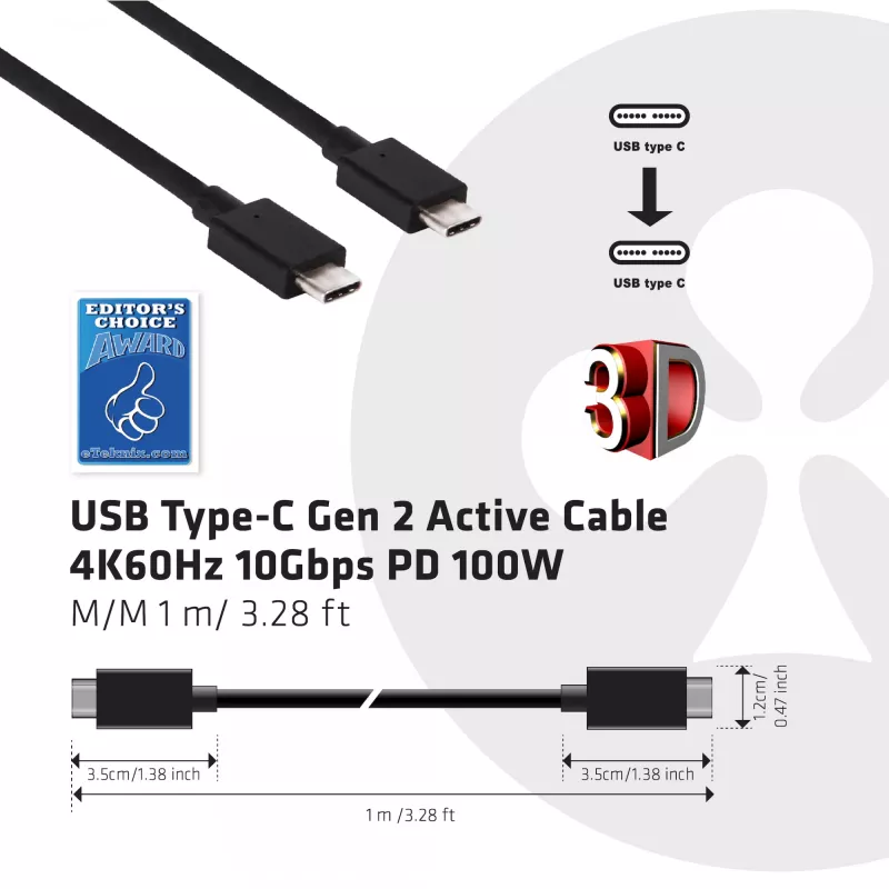 CLUB3D USB Gen2 Type C vaizdo 4K60Hz, duomenų 10Gbps ir 100W įkrovimo 1 metras M/F