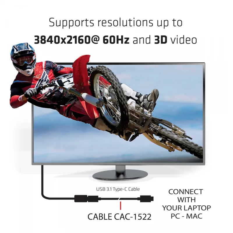 CLUB3D USB Gen2 Type C vaizdo 4K60Hz, duomenų 10Gbps ir 100W įkrovimo 1 metras M/F