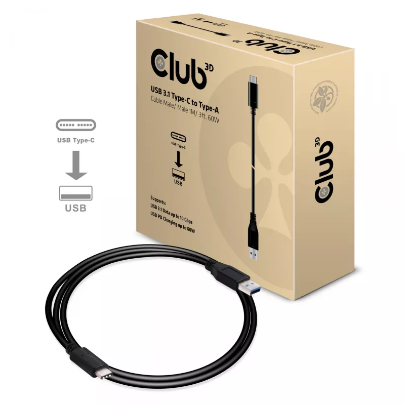 CLUB3D USB 3.1 Type-C į A tipo kabelis 10Gbps PD 60W M/M 1m/3.28ft