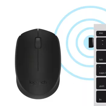 Belaidė optinė pelė Logitech B170 RF, tinkanti abiem rankoms, 3 mygtukai, juoda, 10 m atstumas, iki 12 mėnesių baterijos veikimo laikas