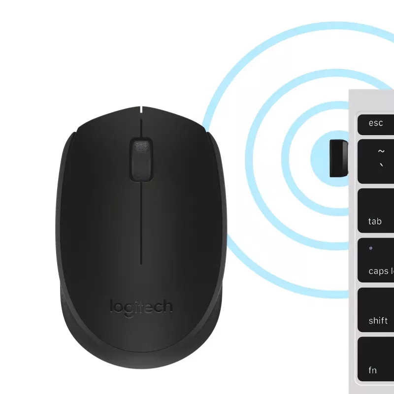Belaidė optinė pelė Logitech B170 RF, tinkanti abiem rankoms, 3 mygtukai, juoda, 10 m atstumas, iki 12 mėnesių baterijos veikimo laikas