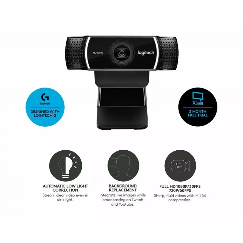 Logitech C922 1920 x 1080 pikselių USB juoda internetinė kamera