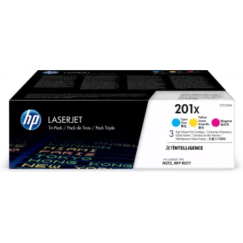 HP 201X 3 vnt. didelės talpos žalsvai mėlyna/magenta/geltona originalūs LaserJet tonerio kasetės