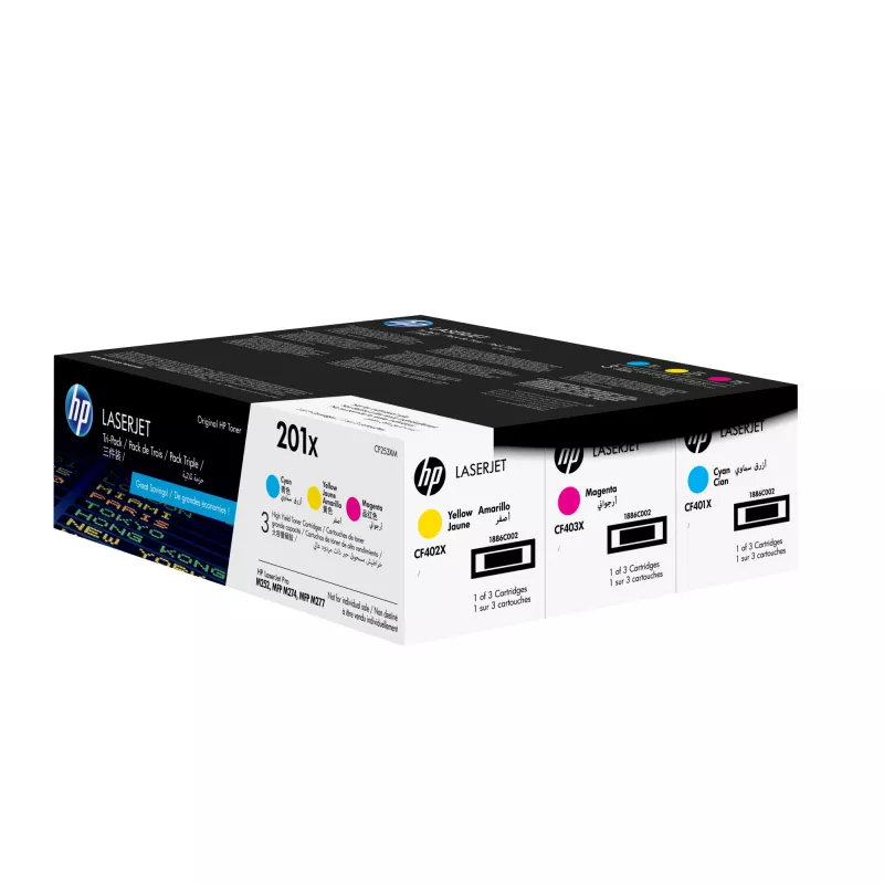 HP 201X 3 vnt. didelės talpos žalsvai mėlyna/magenta/geltona originalūs LaserJet tonerio kasetės
