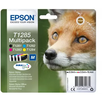 Epson Fox kelių pakuočių rinkinys 4 spalvų T1285 DURABrite Ultra rašalas, juodas, žydras, purpurinis, geltonas, 5,9 ml, 3,5 ml, 1 vnt., kelių pakuočių rinkinys
