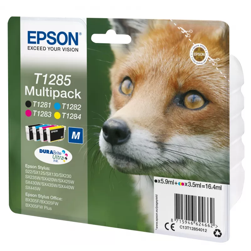 Epson Fox kelių pakuočių rinkinys 4 spalvų T1285 DURABrite Ultra rašalas, juodas, žydras, purpurinis, geltonas, 5,9 ml, 3,5 ml, 1 vnt., kelių pakuočių rinkinys