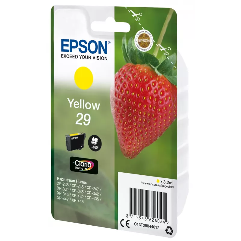 Epson Strawberry Singlepack Geltona 29 Claria Home Ink, standartinė išeiga, geltona, pigmentinis rašalas, 3.2 ml, 1 vnt., 180 puslapių