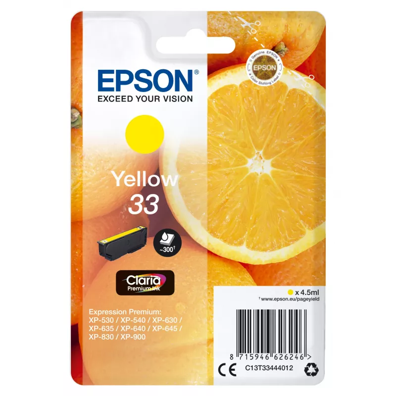 „Epson Oranžinės“ vienos pakuotės geltonas 33 „Claria Premium“ rašalas