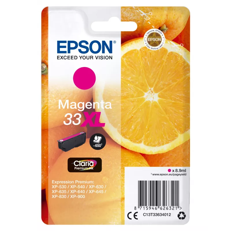 Epson 33XL rašalo kasetė, purpurinė, 650 puslapių, C13T33634012