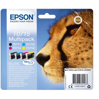 Epson Multipack 4 spalvų T0715 DURABrite Ultra rašalas, standartinė išeiga, juoda, žydra, purpurinė, geltona, 7.4 ml, 5.5 ml, 1 vnt., kelių pakuočių
