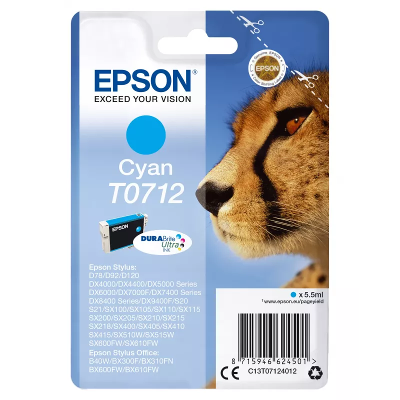 Epson Singlepack Žydra T0712 DURABrite Ultra rašalas, standartinė išeiga, Žydra, 5.5 ml, 1 vnt.
