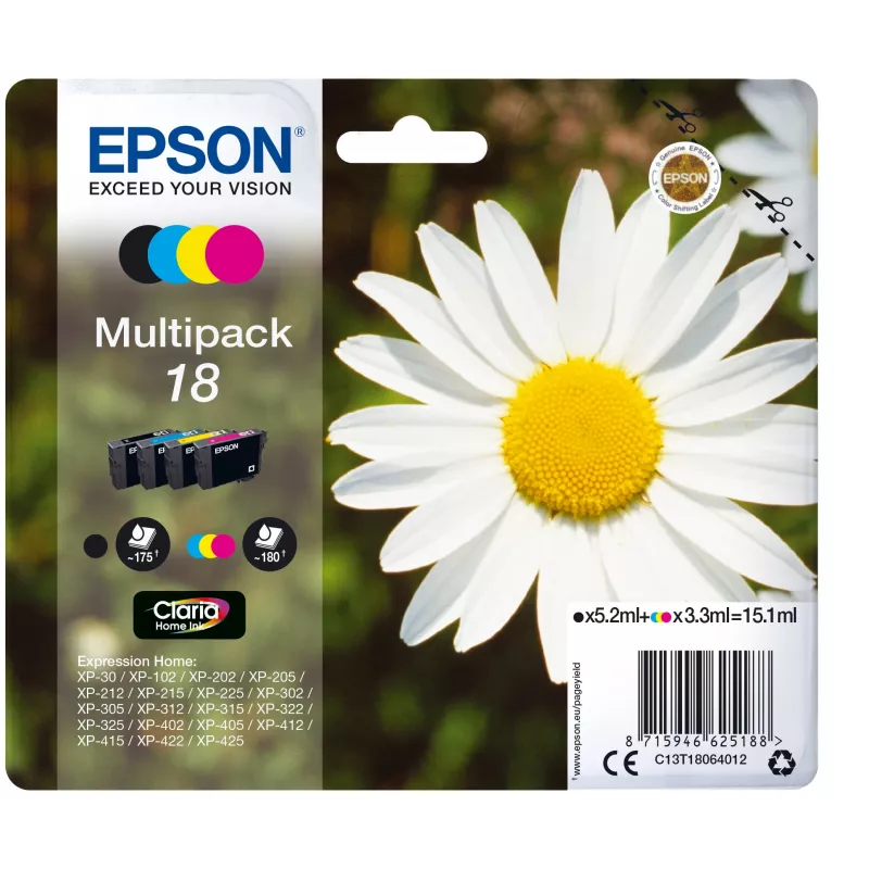 Epson 18 daugialypė pakuotė C13T18064012 rašalo kasetė, juoda, žydra, purpurinė, geltona