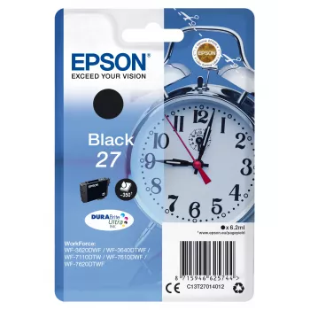 Epson Žadintuvas Vienos pakuotės Juoda 27 DURABrite Ultra dažai, Standartinė išeiga, Juoda, Pigmentiniai dažai, 6,2 ml, 1 vnt., 350 puslapių