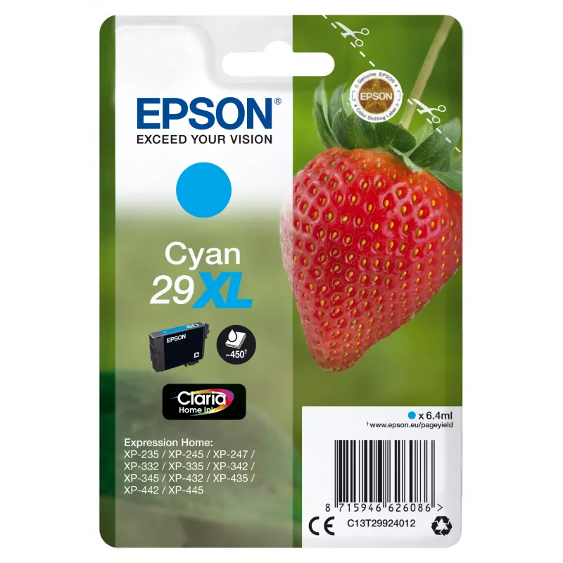 Epson Strawberry Singlepack žydra 29XL Claria Home Ink, didelė (XL) išeiga, žydra, 6.4 ml, 1 vnt., 450 puslapių