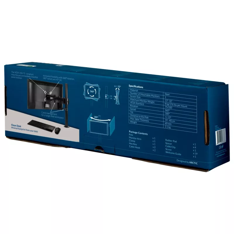 ARCTIC Z1 Basic - Stalo laikiklis monitoriaus rankai, spaustukas, 8 kg, 33 cm (13 colių), 81,3 cm (32 colių), 100 x 100 mm, juoda