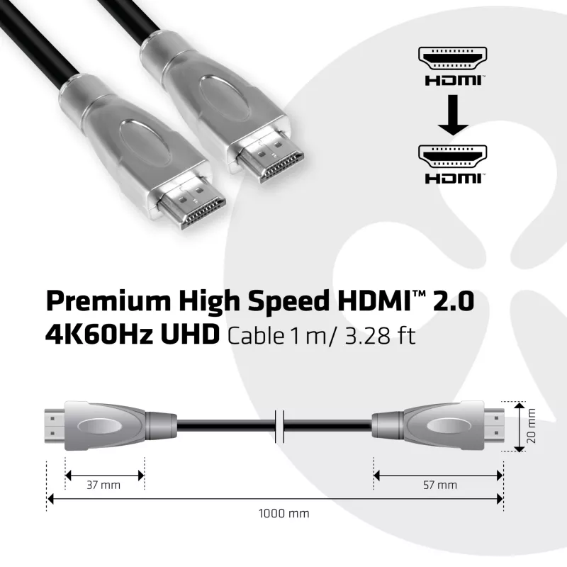 CLUB3D Premium High Speed HDMI™ 2.0 4K60Hz UHD kabelis 1 m / 3,28 pėdos