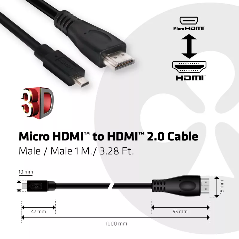 CLUB3D Micro HDMI™ į HDMI™ 2.0 4K60Hz laidas 1 m / 3,28 pėdos