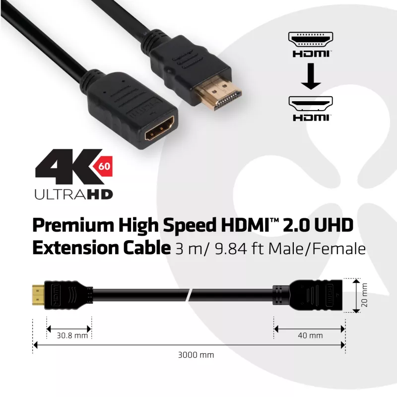 CLUB3D High Speed HDMI™ 2.0 4K60Hz ilginimo kabelis 3 m / 9,8 pėdų (vyriškas/moteriškas)