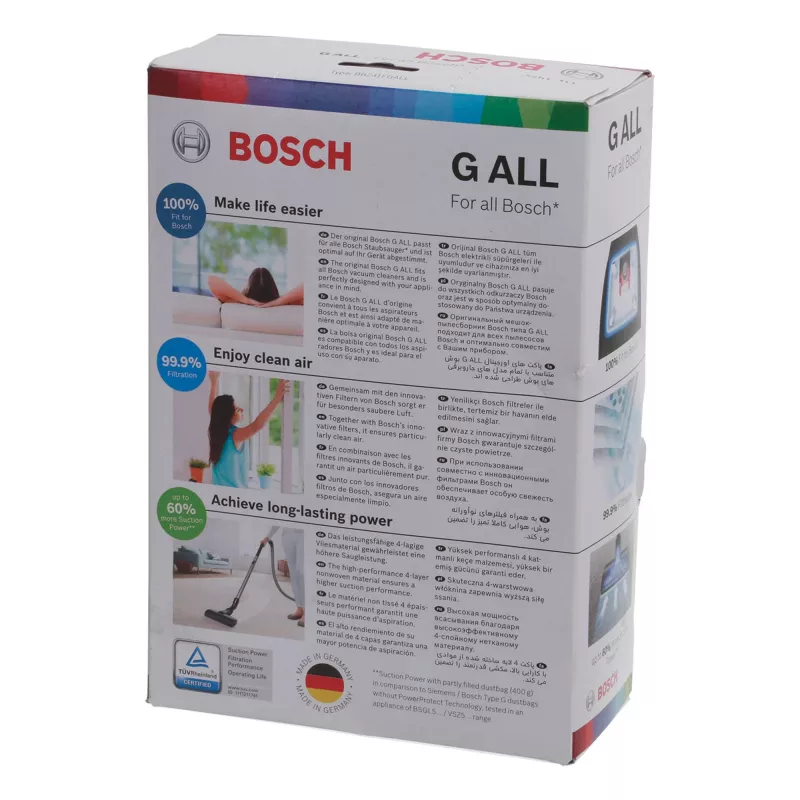 Dulkių siurblių priedas Bosch BBZ 41FGALL — 4 dulkių maišeliai ir 1 filtras, svoris 0,14 kg, kompaktiška pakuotė