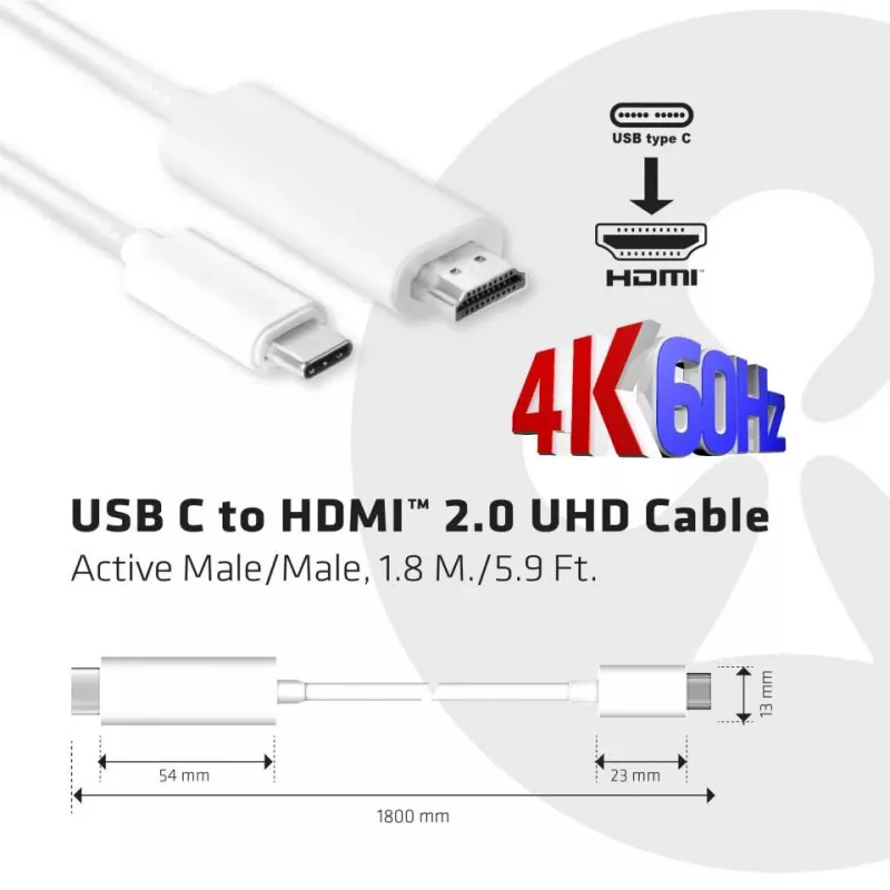 CLUB3D USB C į HDMI™ 2.0 UHD aktyvus kabelis 1,8 m / 5,9 pėd.