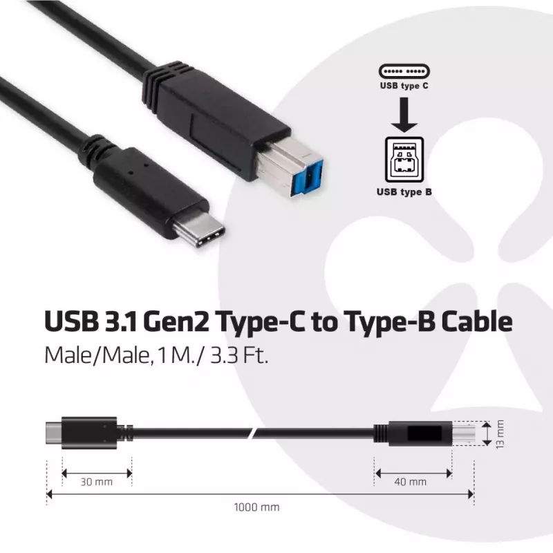 CLUB3D USB 3.1 Gen2 Type-C į Type-B kabelis Male/Male, 1 M./ 3.3 Ft.