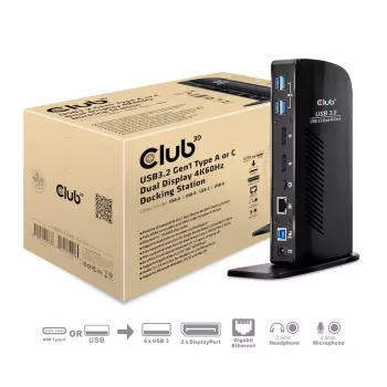 CLUB3D USB3.2 Gen1 Type A ar C dviejų ekranų 4K60Hz dokų stotelė, sertifikuota DisplayLink®