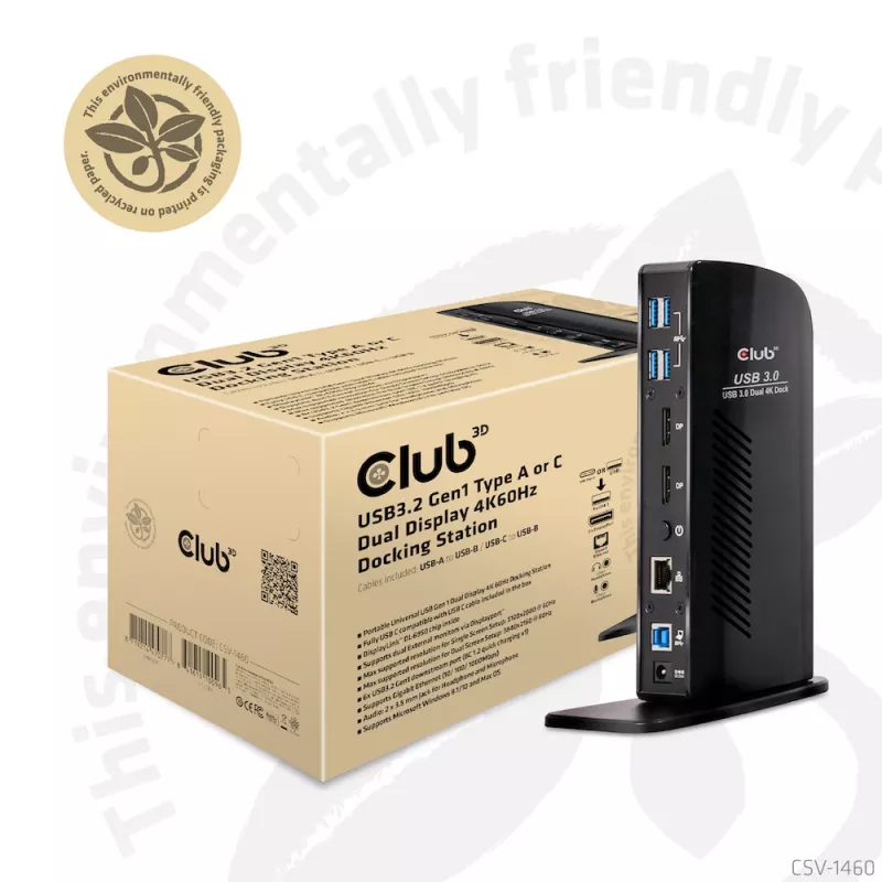 CLUB3D USB3.2 Gen1 Type A ar C dviejų ekranų 4K60Hz dokų stotelė, sertifikuota DisplayLink®
