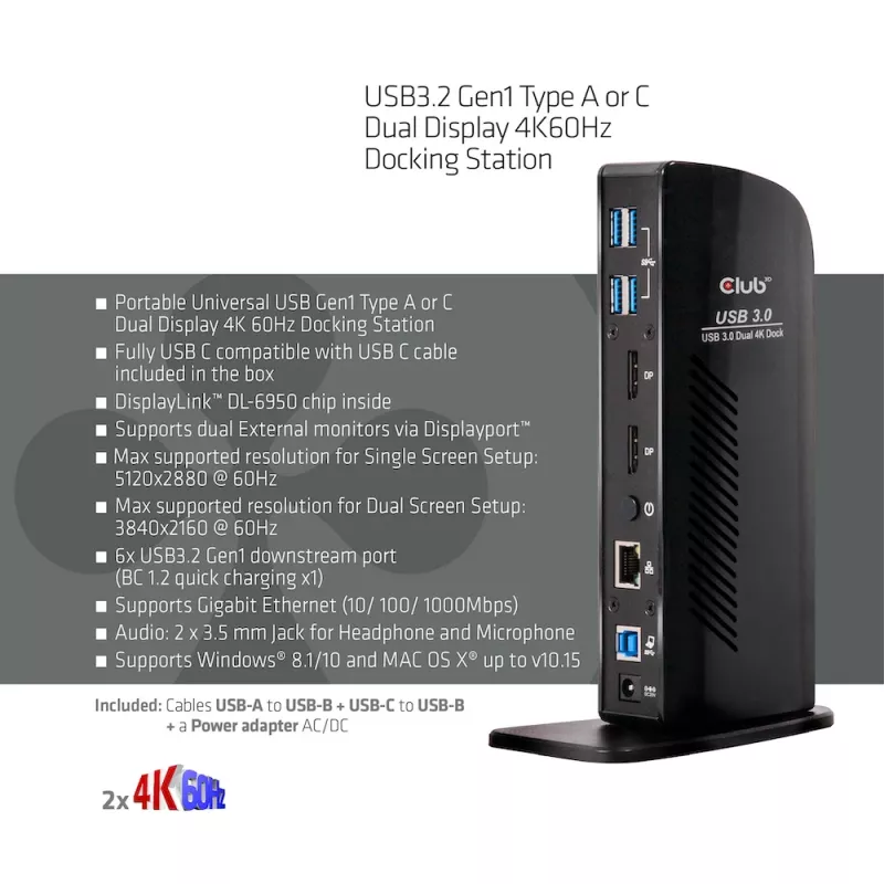 CLUB3D USB3.2 Gen1 Type A ar C dviejų ekranų 4K60Hz dokų stotelė, sertifikuota DisplayLink®
