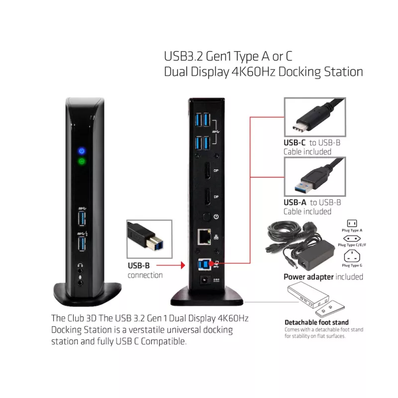 CLUB3D USB3.2 Gen1 Type A ar C dviejų ekranų 4K60Hz dokų stotelė, sertifikuota DisplayLink®