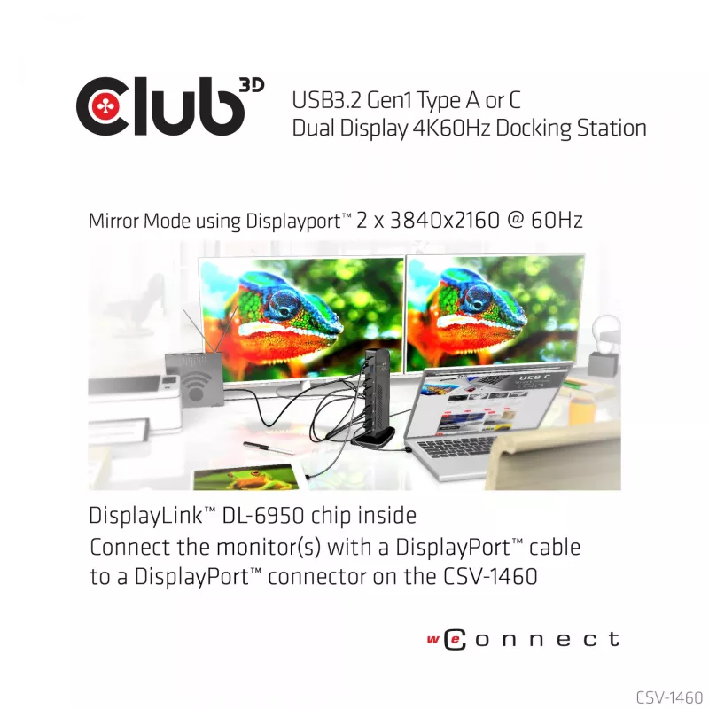 CLUB3D USB3.2 Gen1 Type A ar C dviejų ekranų 4K60Hz dokų stotelė, sertifikuota DisplayLink®