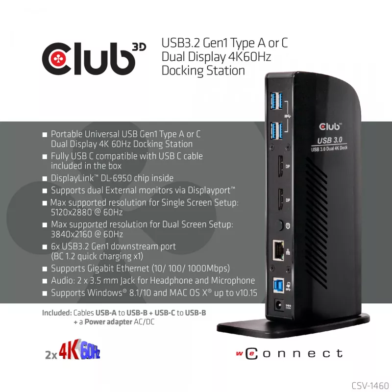 CLUB3D USB3.2 Gen1 Type A ar C dviejų ekranų 4K60Hz dokų stotelė, sertifikuota DisplayLink®