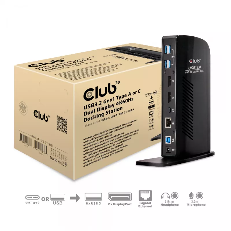 CLUB3D USB3.2 Gen1 Type A ar C dviejų ekranų 4K60Hz dokų stotelė, sertifikuota DisplayLink®