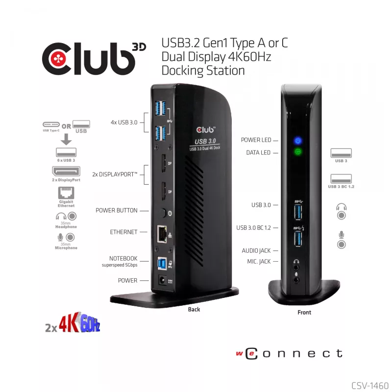 CLUB3D USB3.2 Gen1 Type A ar C dviejų ekranų 4K60Hz dokų stotelė, sertifikuota DisplayLink®