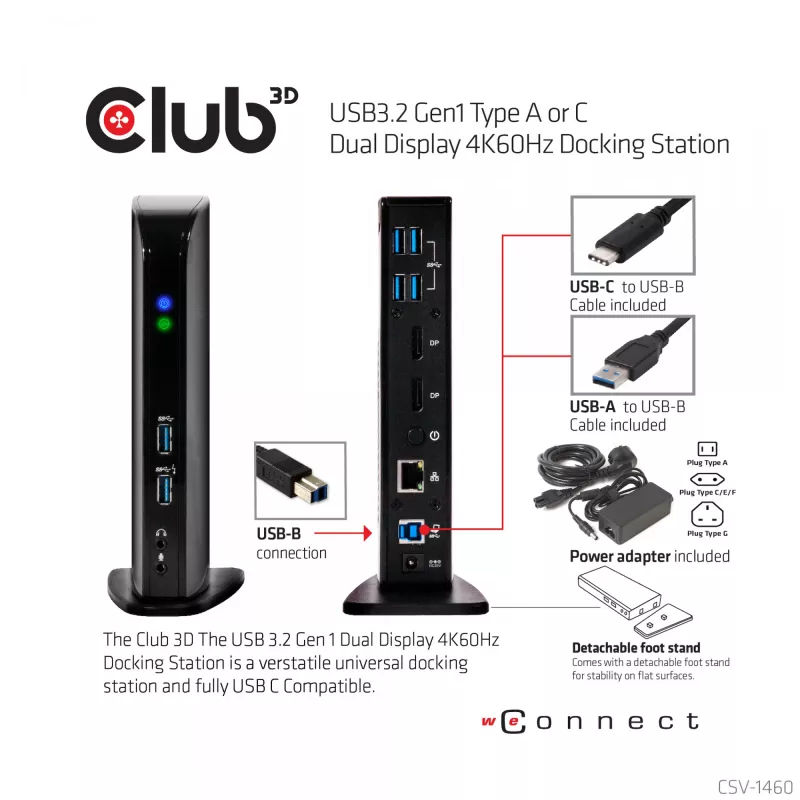 CLUB3D USB3.2 Gen1 Type A ar C dviejų ekranų 4K60Hz dokų stotelė, sertifikuota DisplayLink®