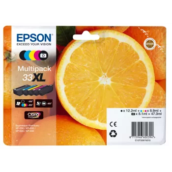 Epson Oranges Multipack 5 spalvų 33XL Claria Premium rašalas, didelė (XL) išeiga, juoda, fotojuoda, žydra, purpurinė, geltona, pigmentinis rašalas, dažinis rašalas, 12.2 ml, 8.9 ml