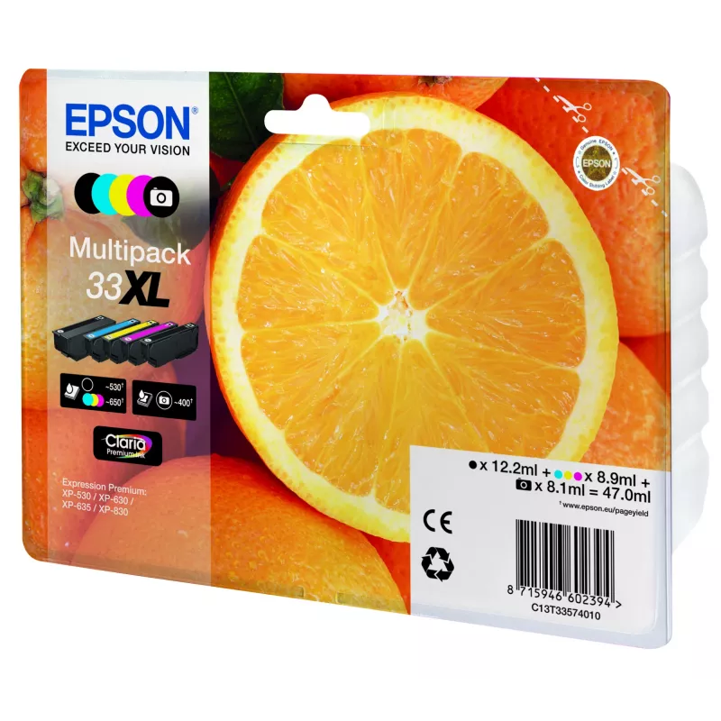 Epson Oranges Multipack 5 spalvų 33XL Claria Premium rašalas, didelė (XL) išeiga, juoda, fotojuoda, žydra, purpurinė, geltona, pigmentinis rašalas, dažinis rašalas, 12.2 ml, 8.9 ml