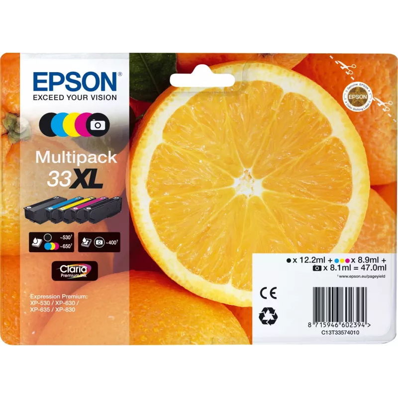 Epson Oranges Multipack 5 spalvų 33XL Claria Premium rašalas, didelė (XL) išeiga, juoda, fotojuoda, žydra, purpurinė, geltona, pigmentinis rašalas, dažinis rašalas, 12.2 ml, 8.9 ml