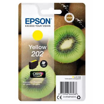 Epson Kiwi Singlepack Geltona 202 Claria Premium Ink, Standard Yield, Geltona, pigmentinis rašalas, 4.1 ml, 1 vnt., 300 puslapių