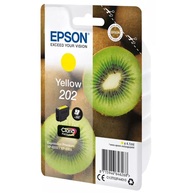 Epson Kiwi Singlepack Geltona 202 Claria Premium Ink, Standard Yield, Geltona, pigmentinis rašalas, 4.1 ml, 1 vnt., 300 puslapių