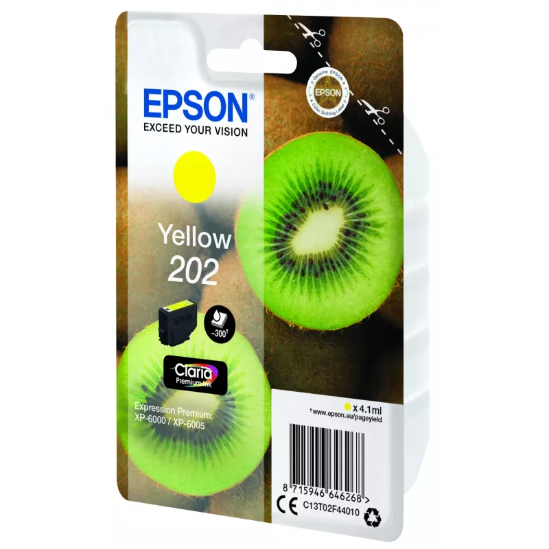 Epson Kiwi Singlepack Geltona 202 Claria Premium Ink, Standard Yield, Geltona, pigmentinis rašalas, 4.1 ml, 1 vnt., 300 puslapių