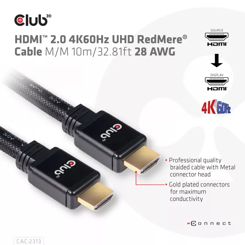 CLUB3D HDMI 2.0 4K60Hz RedMere kabelis 10m/32,8 pėdos