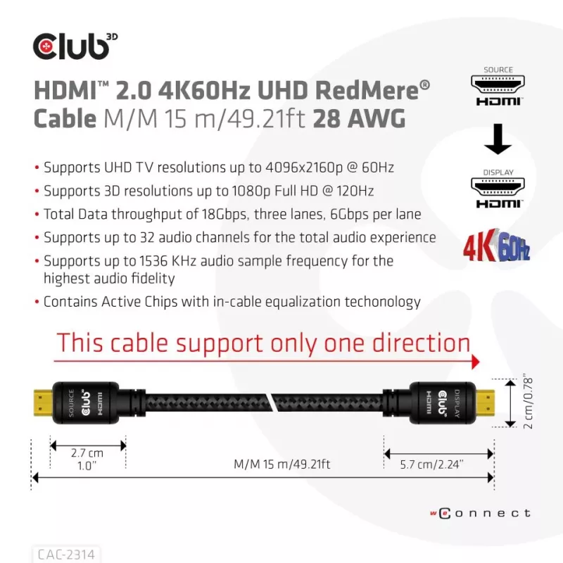 CLUB3D HDMI 2.0 4K60Hz RedMere kabelis 15m/49.2ft