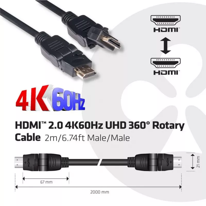 CLUB3D HDMI 2.0 4K60Hz UHD 360 laipsnių sukamas kabelis 2m/6.74ft