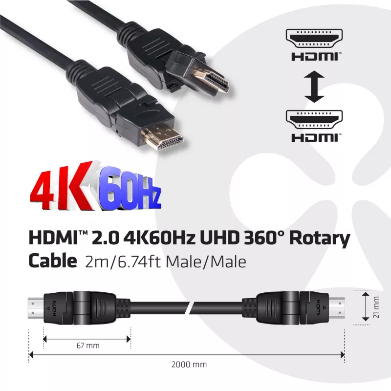 CLUB3D HDMI 2.0 4K60Hz UHD 360 laipsnių sukamas kabelis 2m/6.74ft