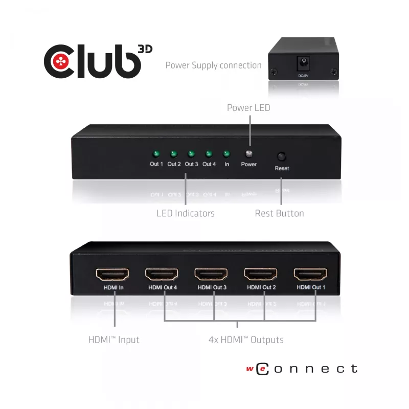 CLUB3D HDMI™ 4K@60Hz UHD skirstytuvas su AC maitinimu, 4 prievadai