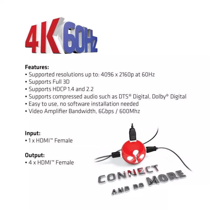 CLUB3D HDMI™ 4K@60Hz UHD skirstytuvas su AC maitinimu, 4 prievadai